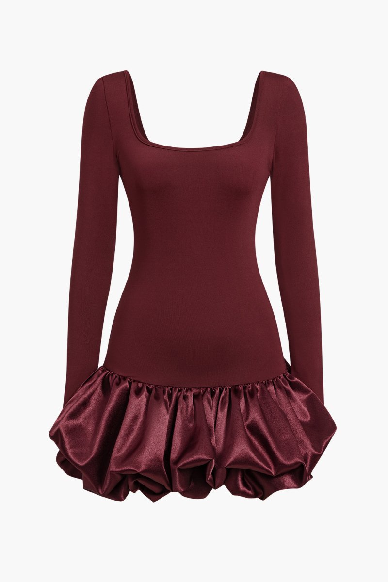 Long - Sleeve Puff Hem Mini Dress - MISMIMCWDC2410160035-BURGUNDY-XS
