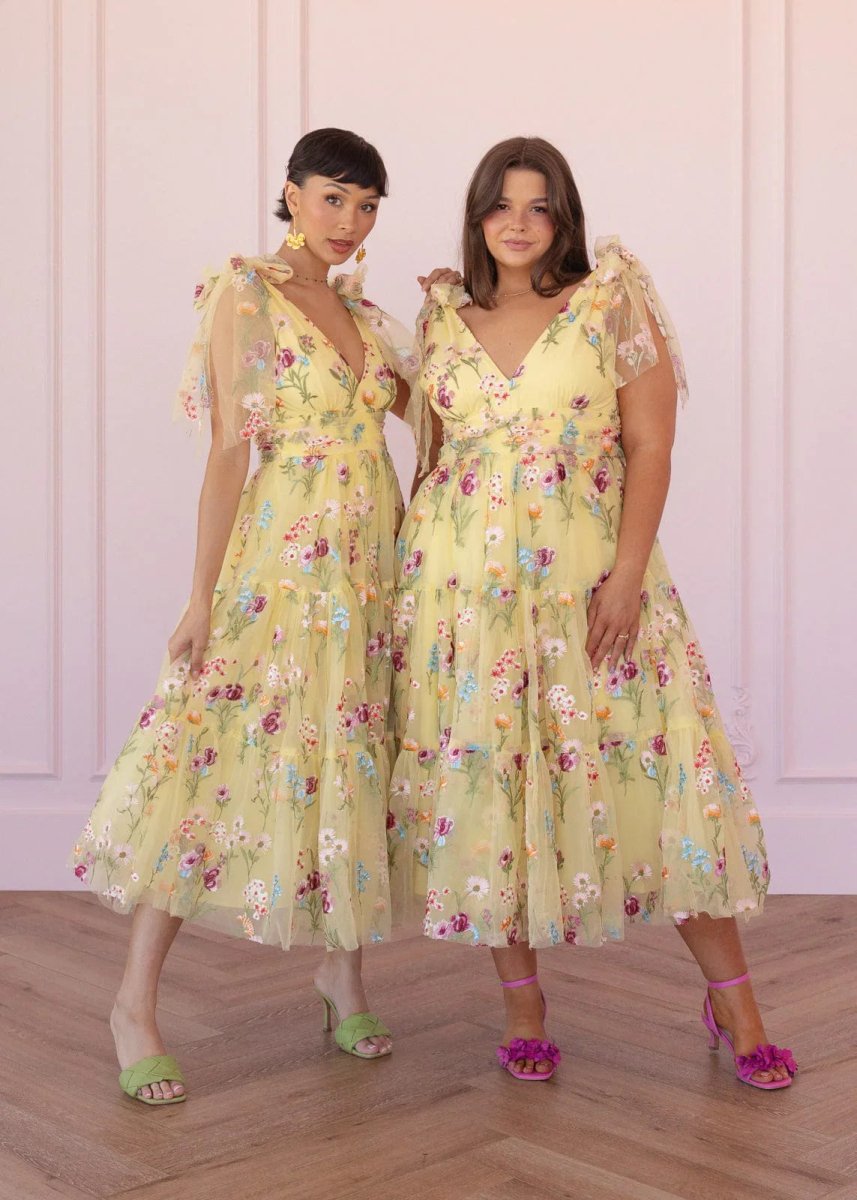 Margaret Floral Embroidered Midi Dress Yellow - MISMIJK23051-W-YLW-XXS