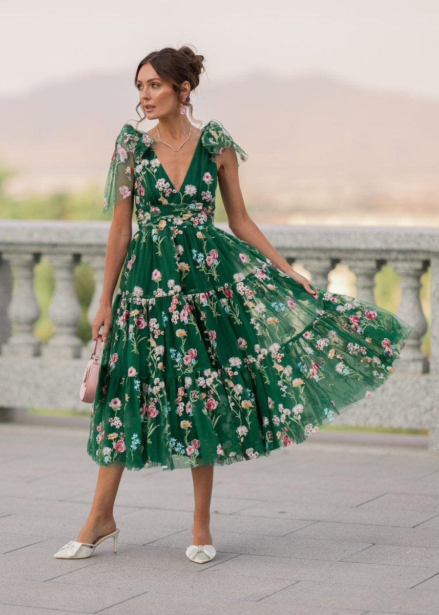 Margaret Floral Midi Dress Emerald - MISMIJK23051-W-GRN-XXS