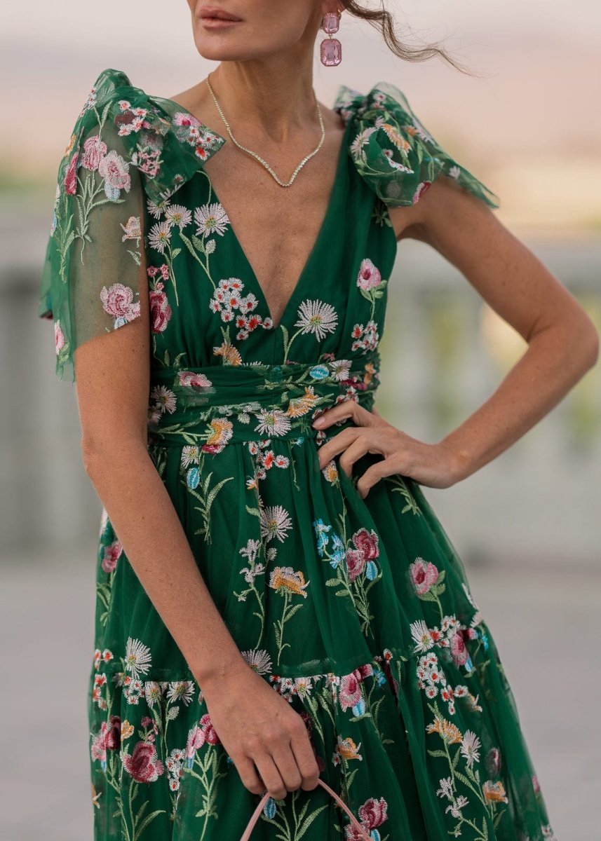 Margaret Floral Midi Dress Emerald - MISMIJK23051-W-GRN-XXS