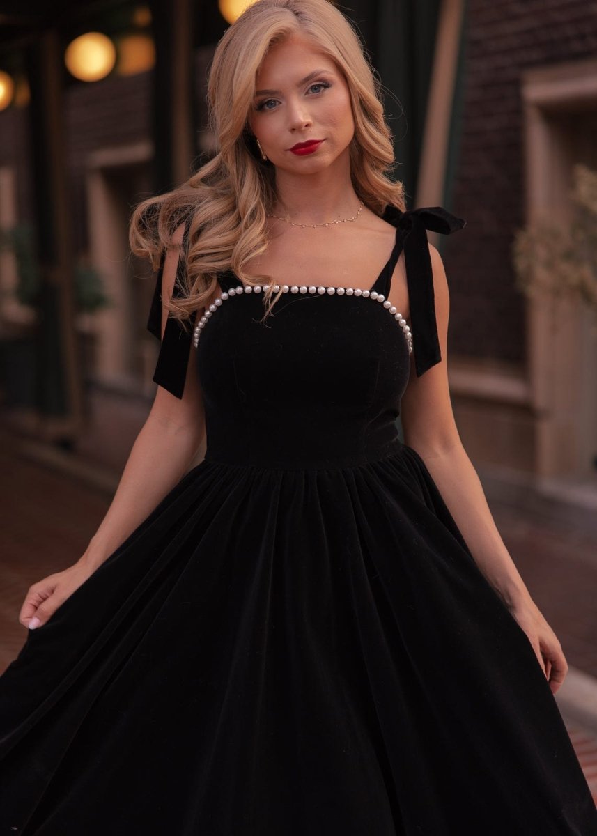 Mary Velvet Holiday Pearl Dress - Black - MISMIJK24123-W-BLK-XXS