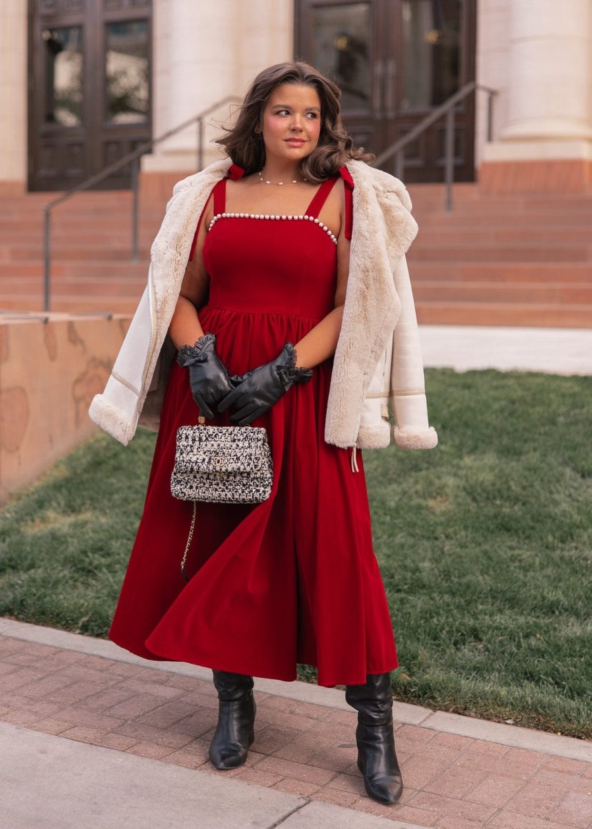 Mary Velvet Holiday Pearl Dress - Red - MISMIJK24123-W-RED-XXS