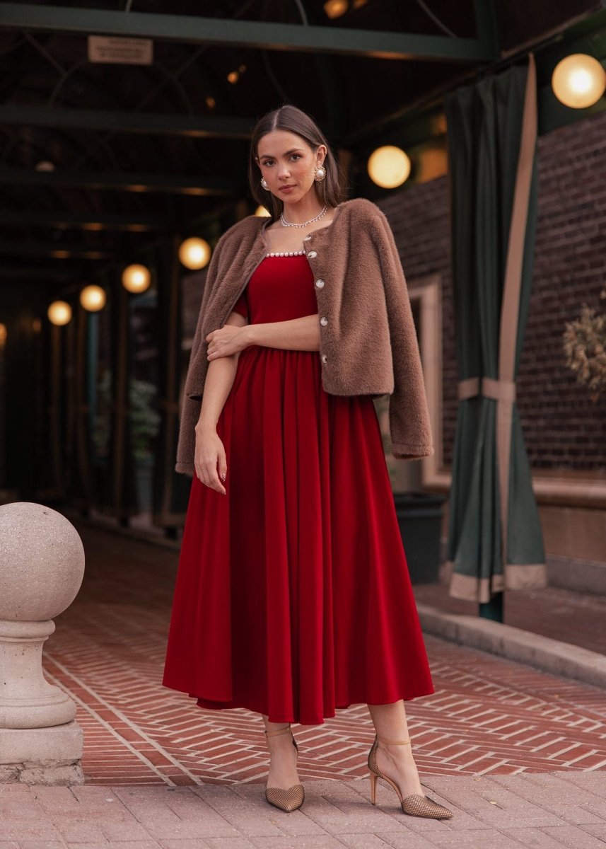 Mary Velvet Holiday Pearl Dress - Red - MISMIJK24123-W-RED-XXS