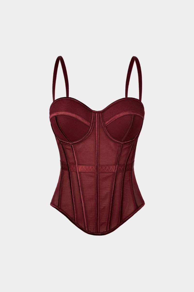 Mesh Bustier Corset Slip Cami Top - MISMIMCWTT2510130393-BURGUNDY-XS
