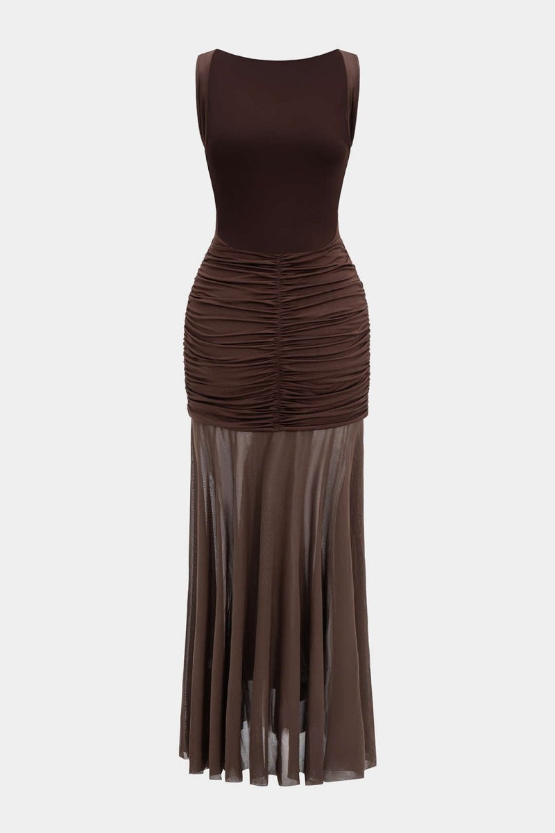 Mesh Metallic Decor Ruched Backless Sleeveless Maxi Dress - MISMIMCWDA2507150163-COFFEE-S