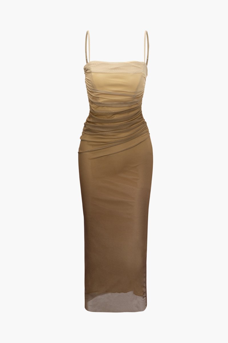 Mesh Ruched Cami Maxi Dress - MISMIMCWDA2308010030-TAN-XXS