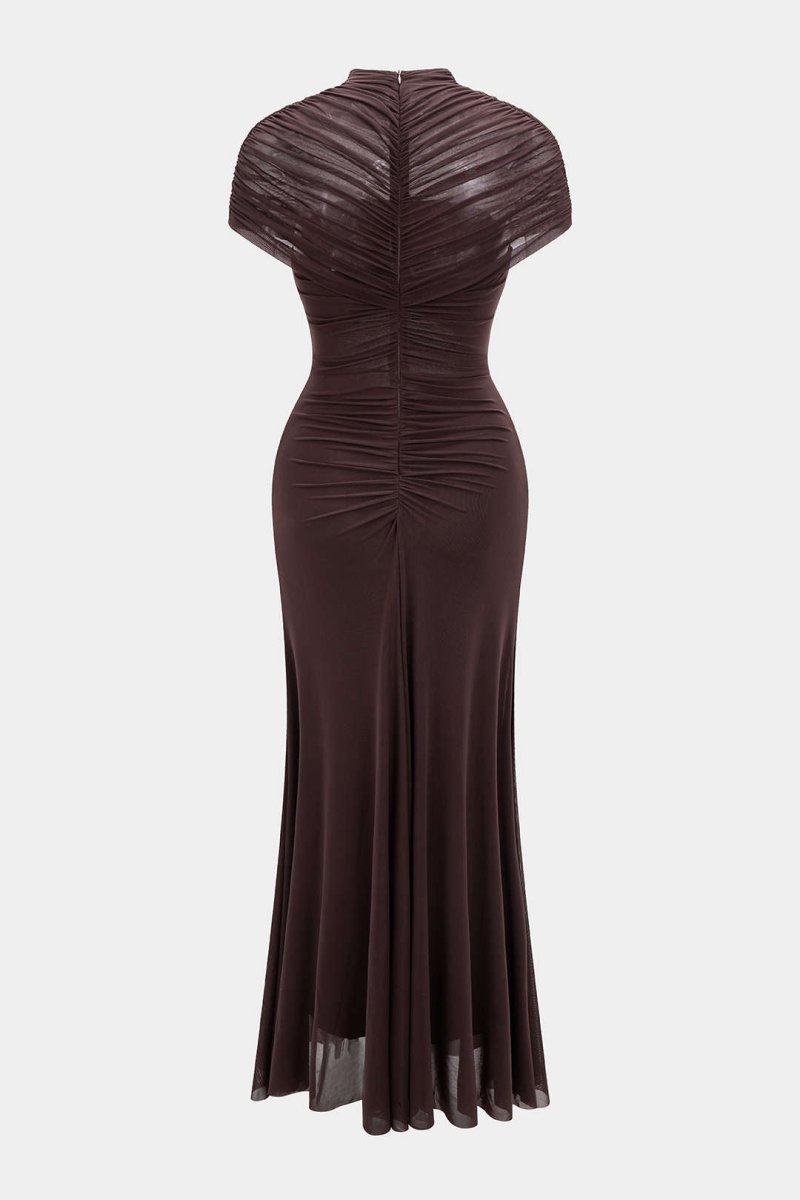 Mesh Ruched Cut Out Short Sleeve Maxi Dress - MISMIMCWDA2509030130-COFFEE-S