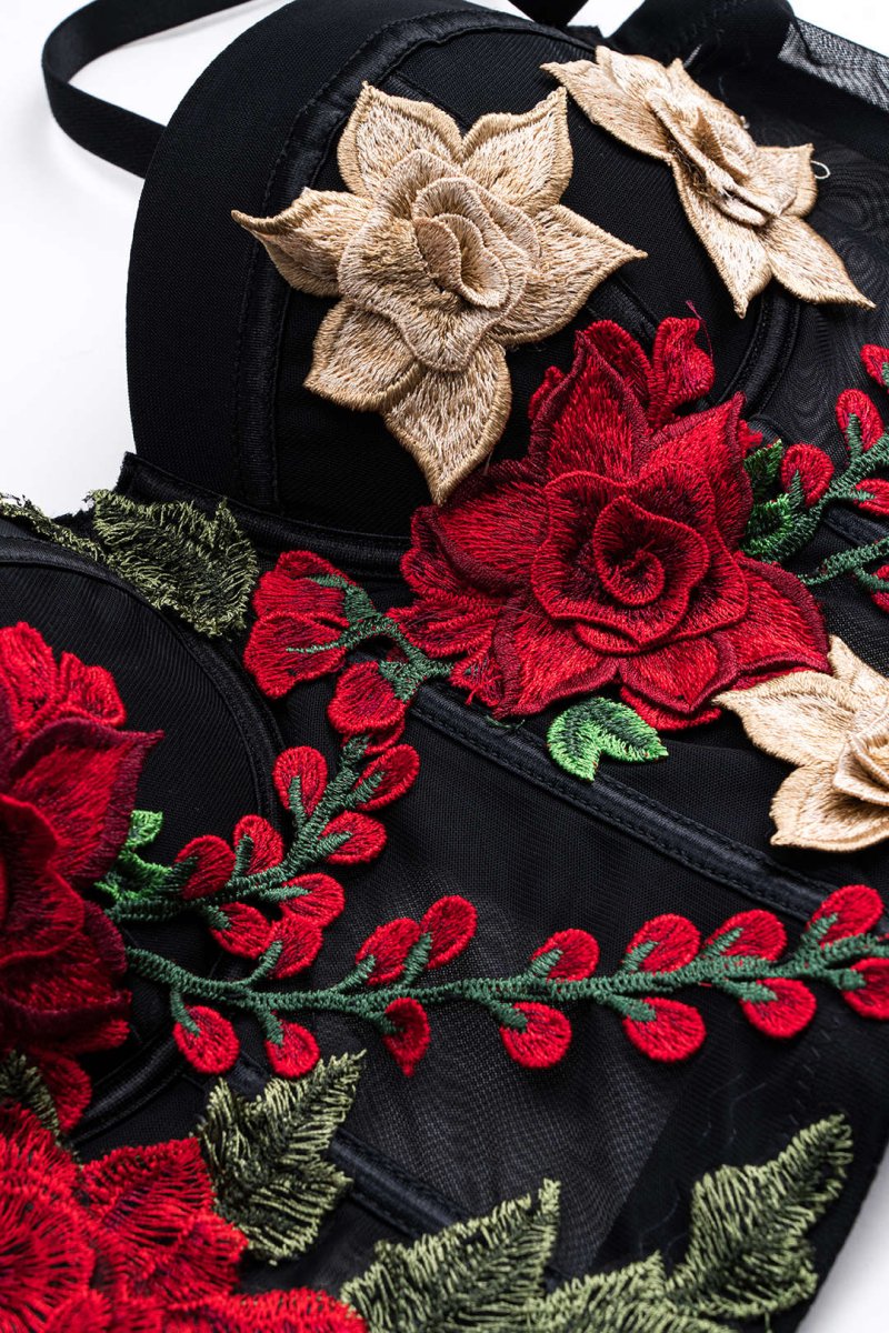 Mesh Sheer Slip Appliques Bustier Cami Top - MISMIMCWTT2501060120-BLACK-XS