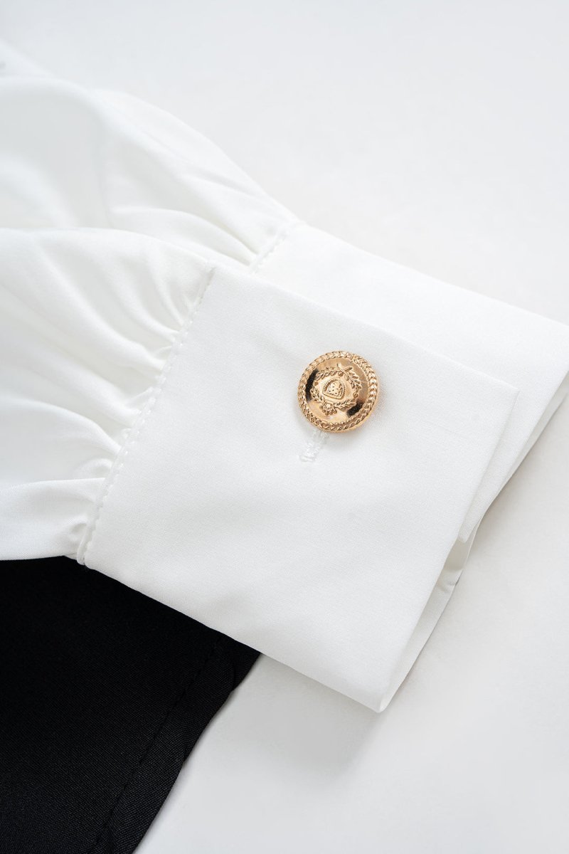 Metallic Decor Contrast Pleated V - Neck Long - Sleeve Shirt - MISMIMCWTE2508190107-Contrast Color-S