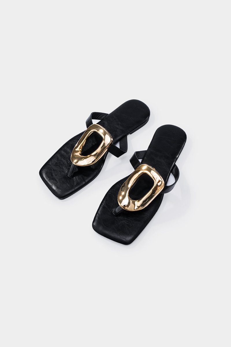 Metallic Decor Open Toe Flats - MISMIMCSSL2408280035-BLACK-37