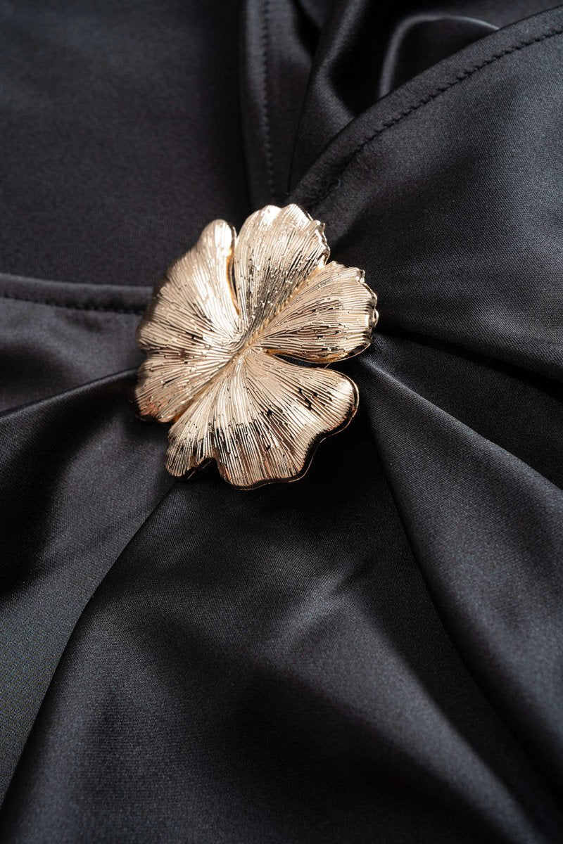 Metallic Decor Ruched Short Sleeve Midi Dress - MISMIMCWDB2508210114-BLACK-XS