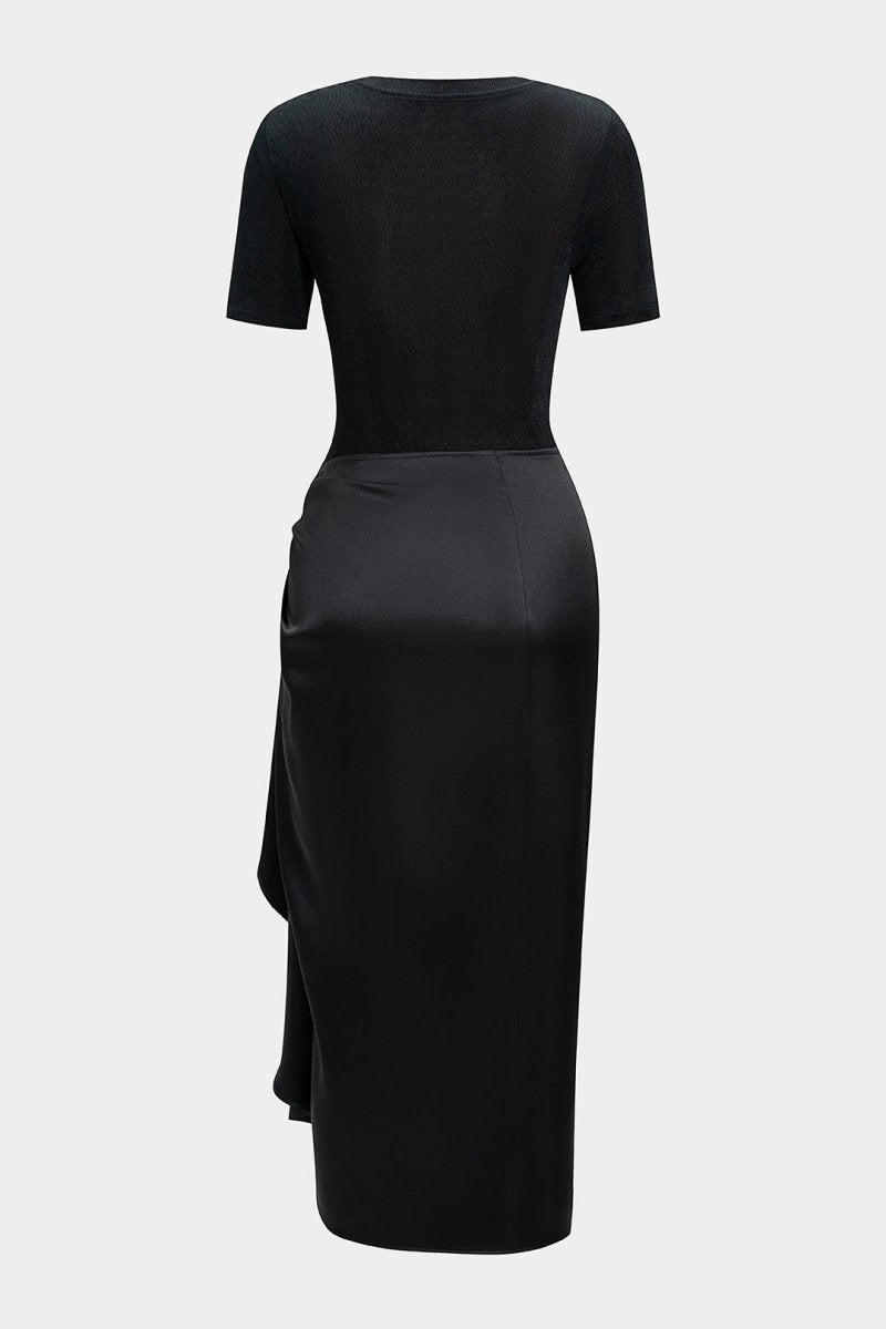 Metallic Decor Ruched Short Sleeve Midi Dress - MISMIMCWDB2508210114-BLACK-XS