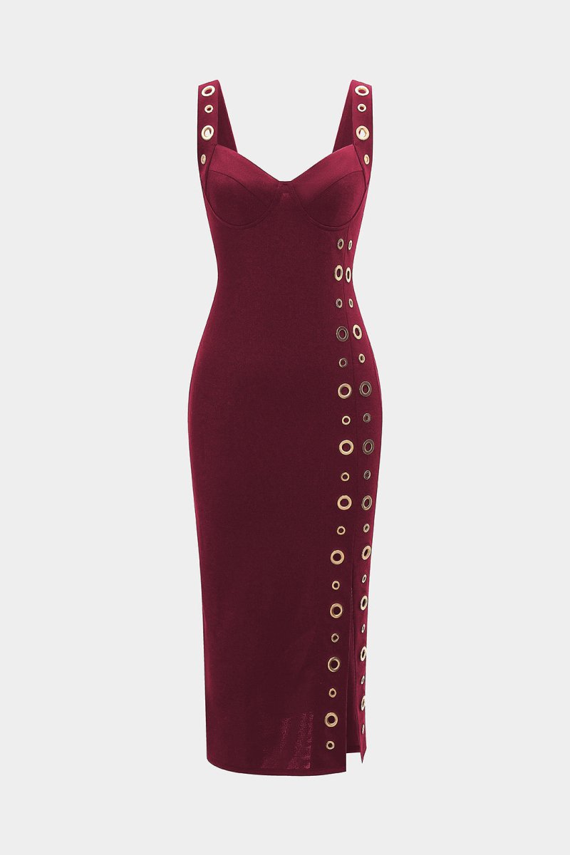 Metallic Eyelet Zipper Sleeveless Midi Dress - MISMIMCWDB2507230109-BURGUNDY-S
