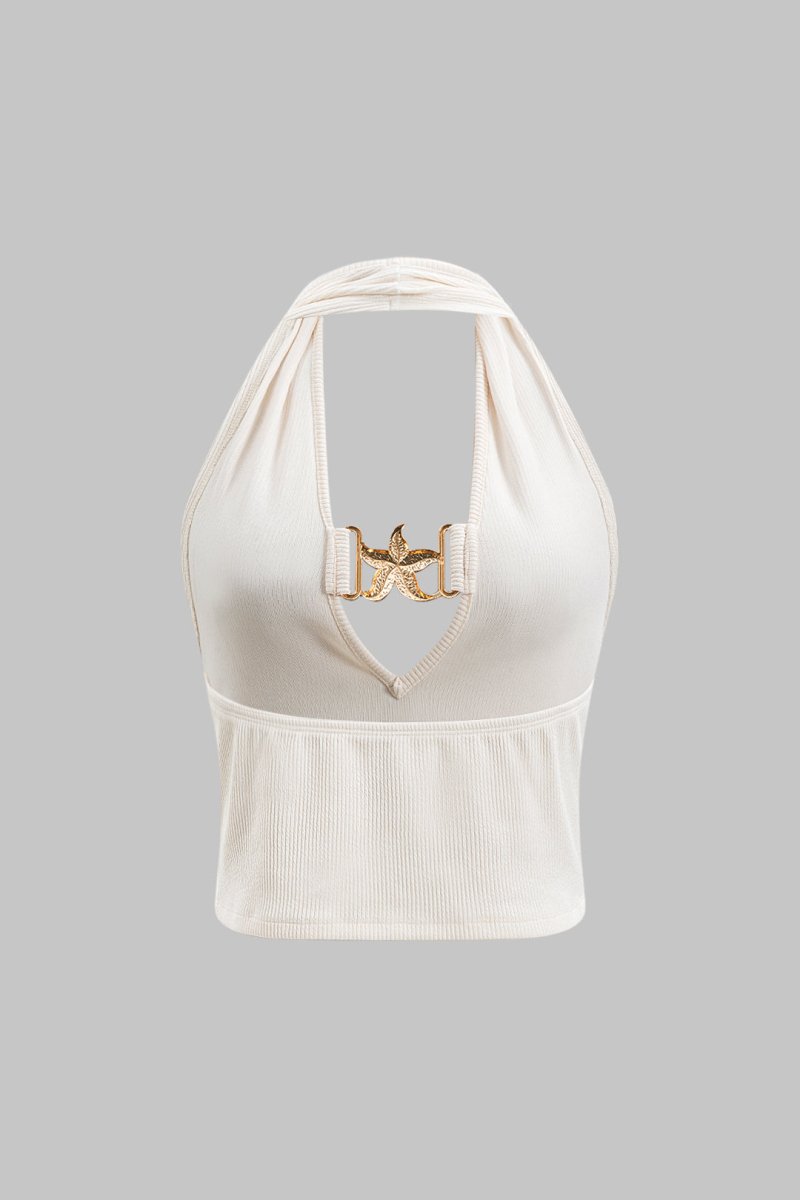 Metallic Ruched Backless Tank Top - MISMIMCWTU2501020075-BEIGE-XS