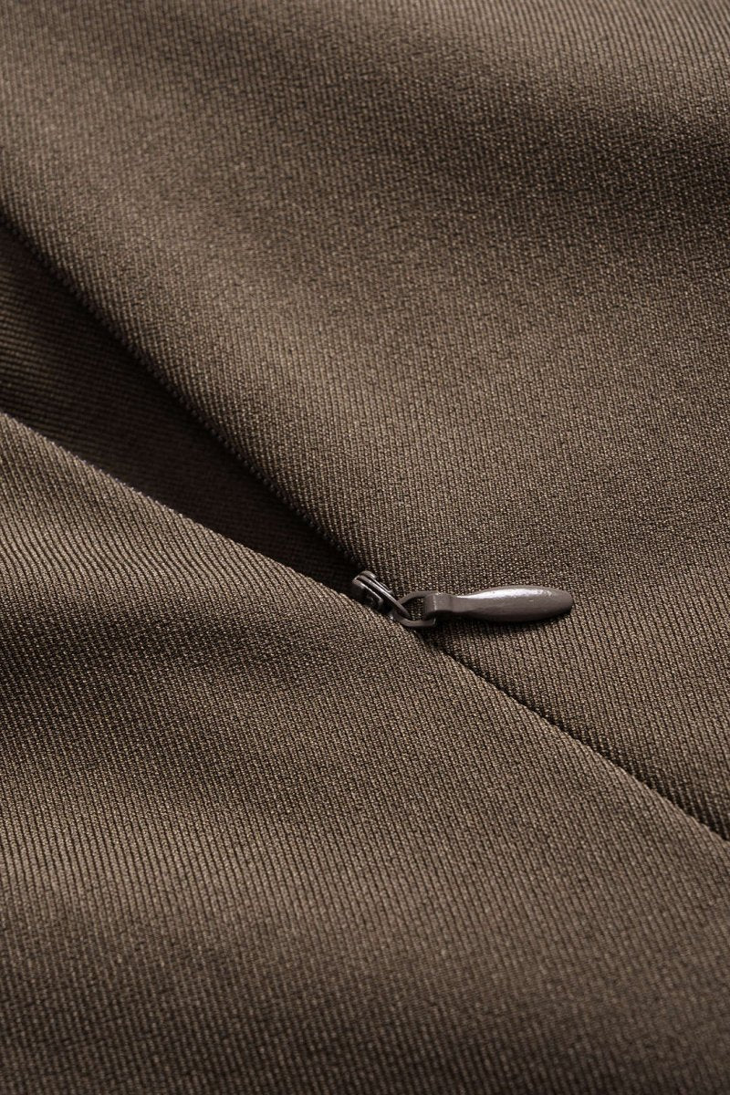 Metallic Ruched Zipper Asymmetrical Short Sleeve Mini Dress - MISMIMCWDC2509230035-BROWN-XS