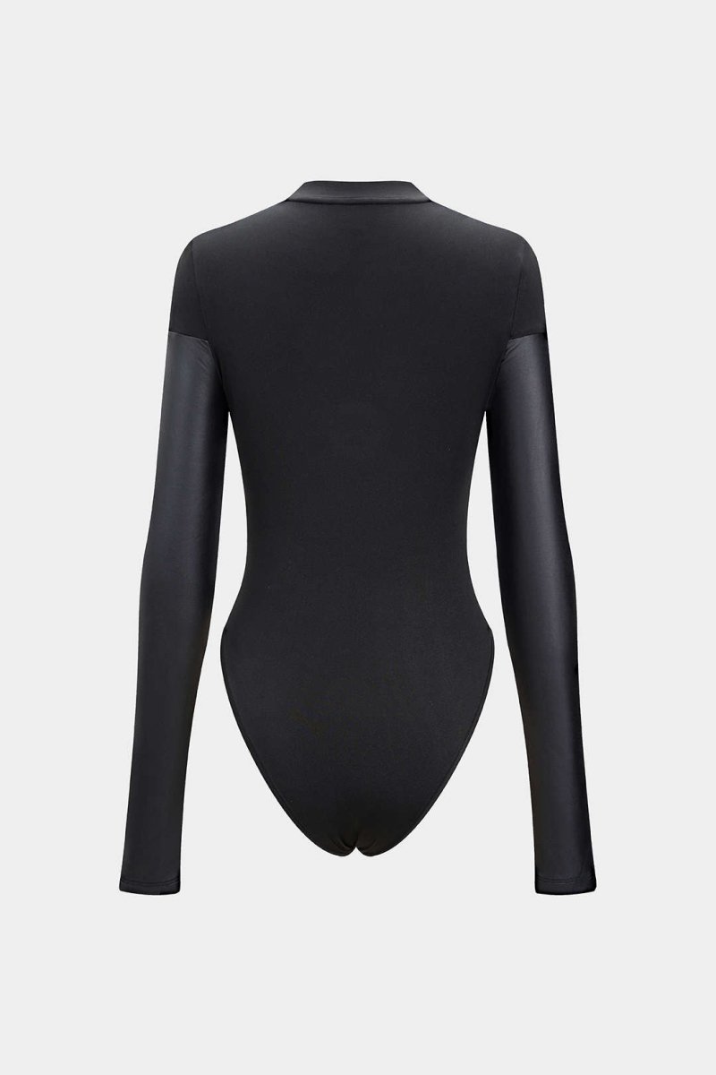 Neck Faux Leather Paneled Long Sleeve Bodysuit - MISMIMCWTL2308010083-BLACK-XS