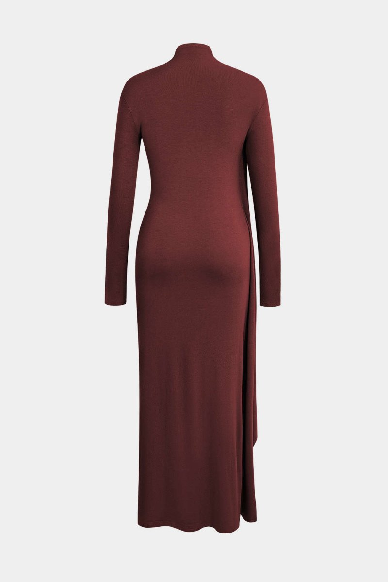 Neck Wrap Ruched Long Sleeve Slit Maxi Dress - MISMIMCWDA2311010107-BURGUNDY-XS