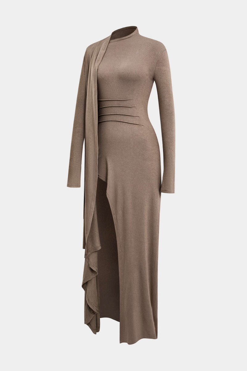 Neck Wrap Ruched Long Sleeve Slit Maxi Dress - MISMIMCWDA2311010107-COFFEE-XS