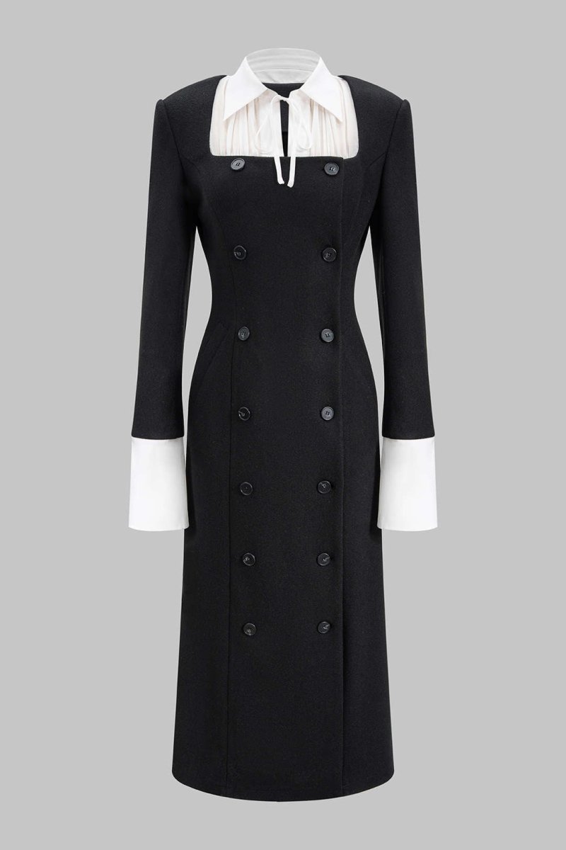 Patchwork Double Breasted Long Sleeve Maxi Dress - MISMIMCWDA2510100163-BLACK-XS