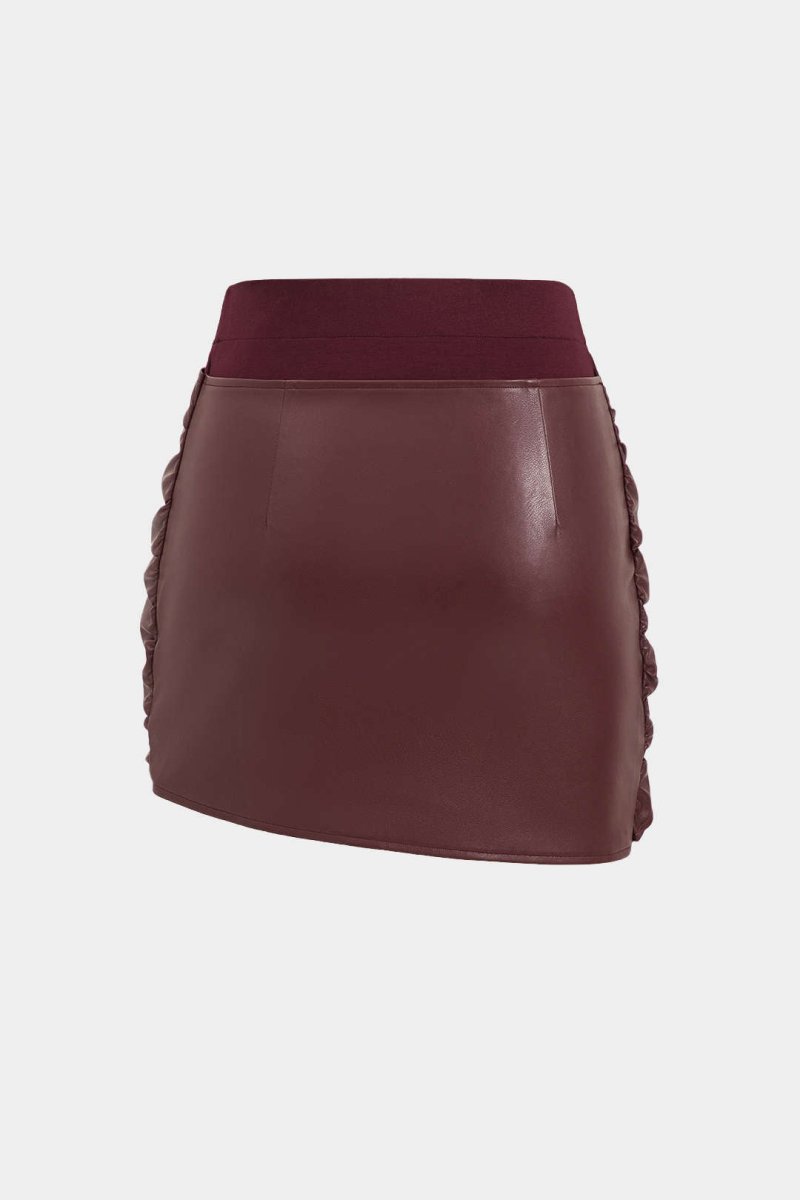 Patchwork Faux Leather Tie Front Mini Skirt - MISMIMCWDC2410210053-BURGUNDY-XS