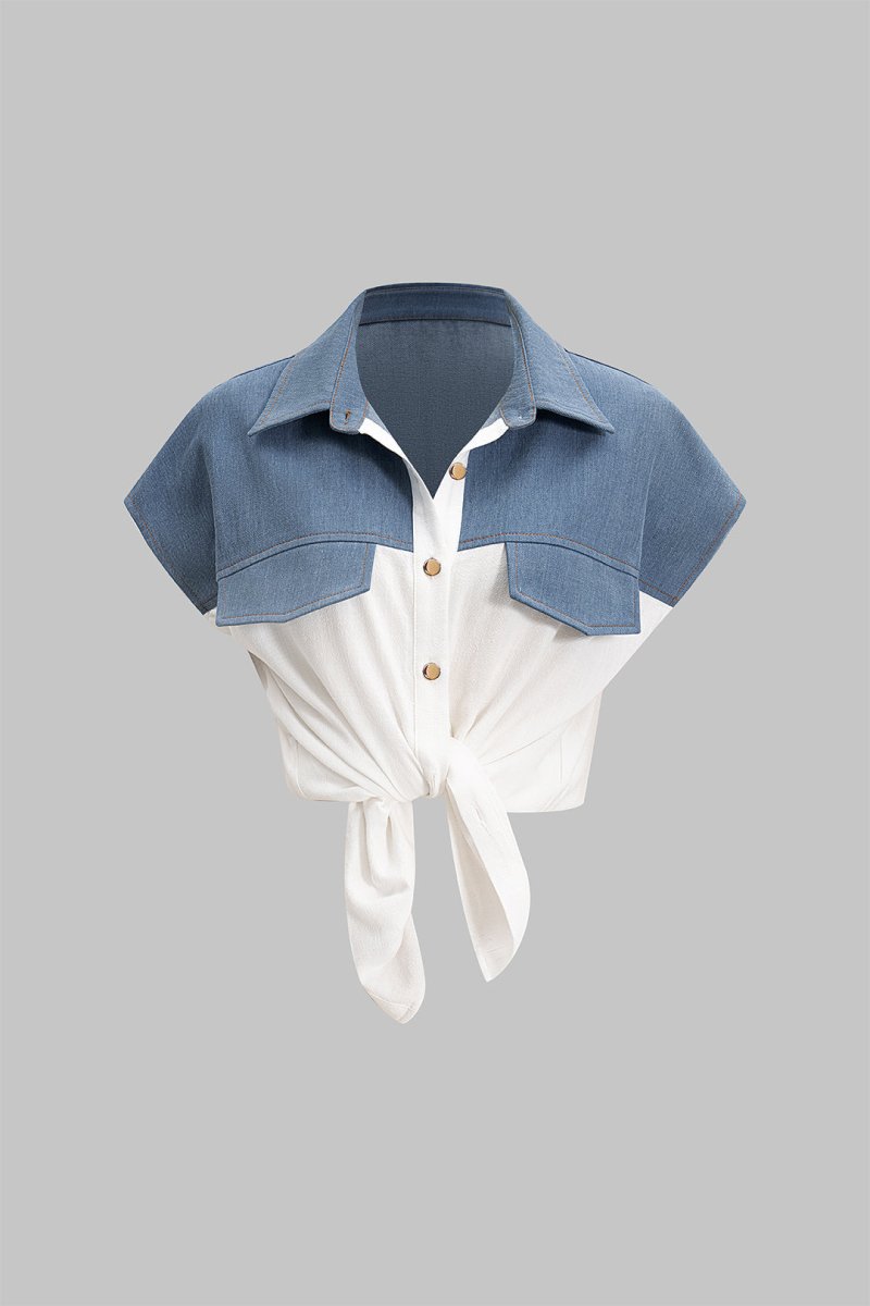 Patchwork Linen Tie Front Fake Pocket Shirt - MISMIMCWTT2504150053-WHITE-XS