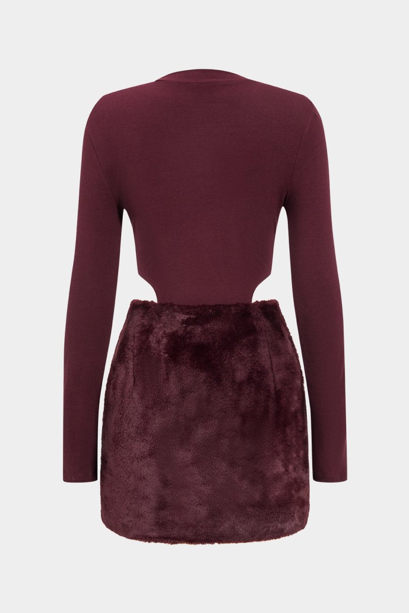 Patchwork Long Sleeve Mini Dress - MISMIMCWDC2410240047-BURGUNDY-XS