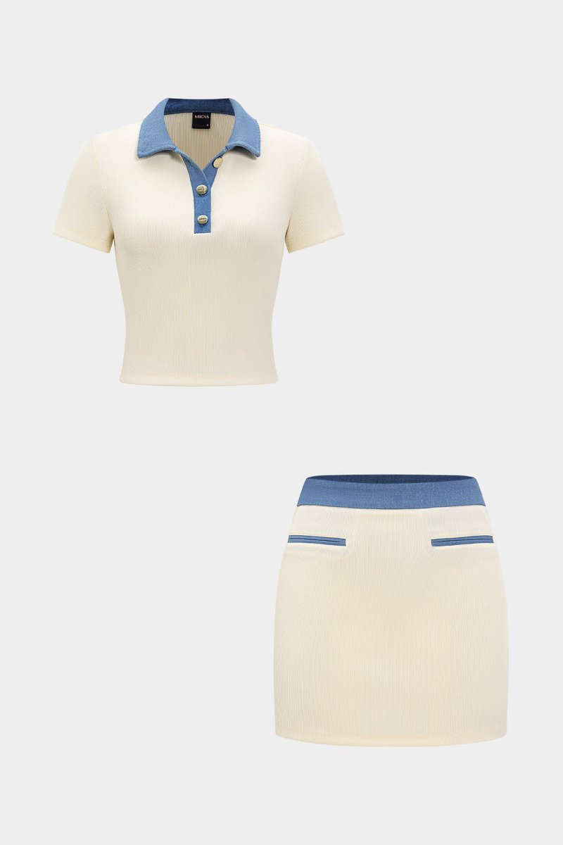 Patchwork Metallic Button Tank Top And Pocket Skirt Set - MISMIMCWSB2504290089-BEIGE-XS