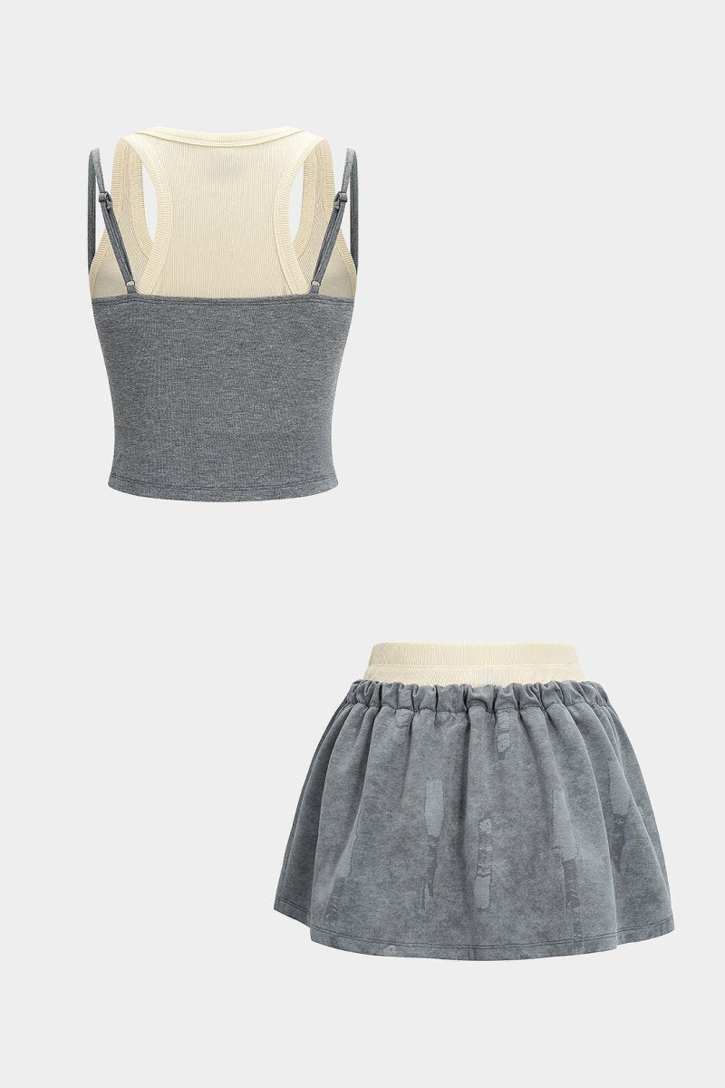 Patchwork Tank Top And Double Waistband Drawstring Skirt Set - MISMIMCWSB2505090026-Contrast Color-XS