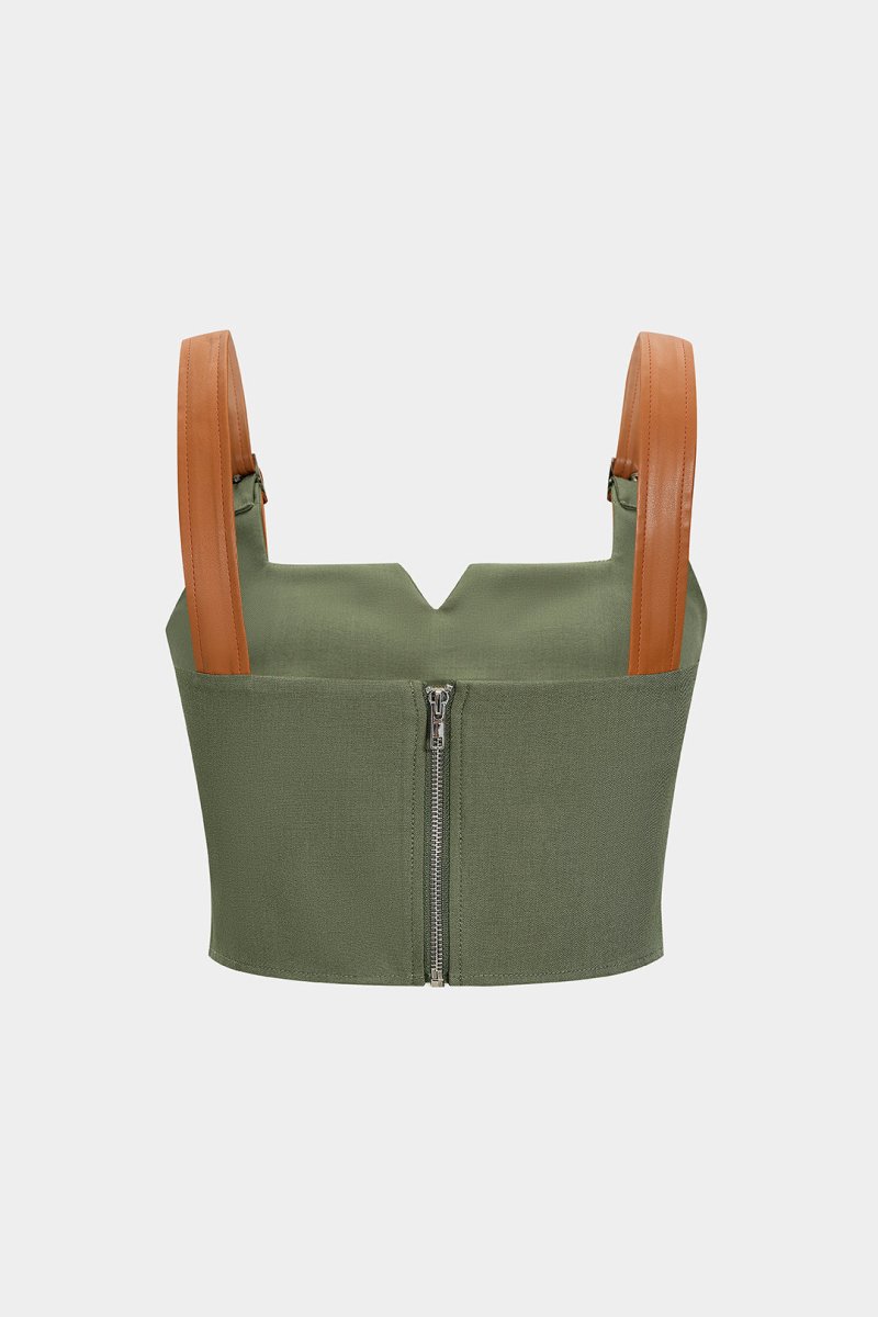 Patchwork Zipper Cami Top - MISMIMCWTT2506030011-GREEN-XS