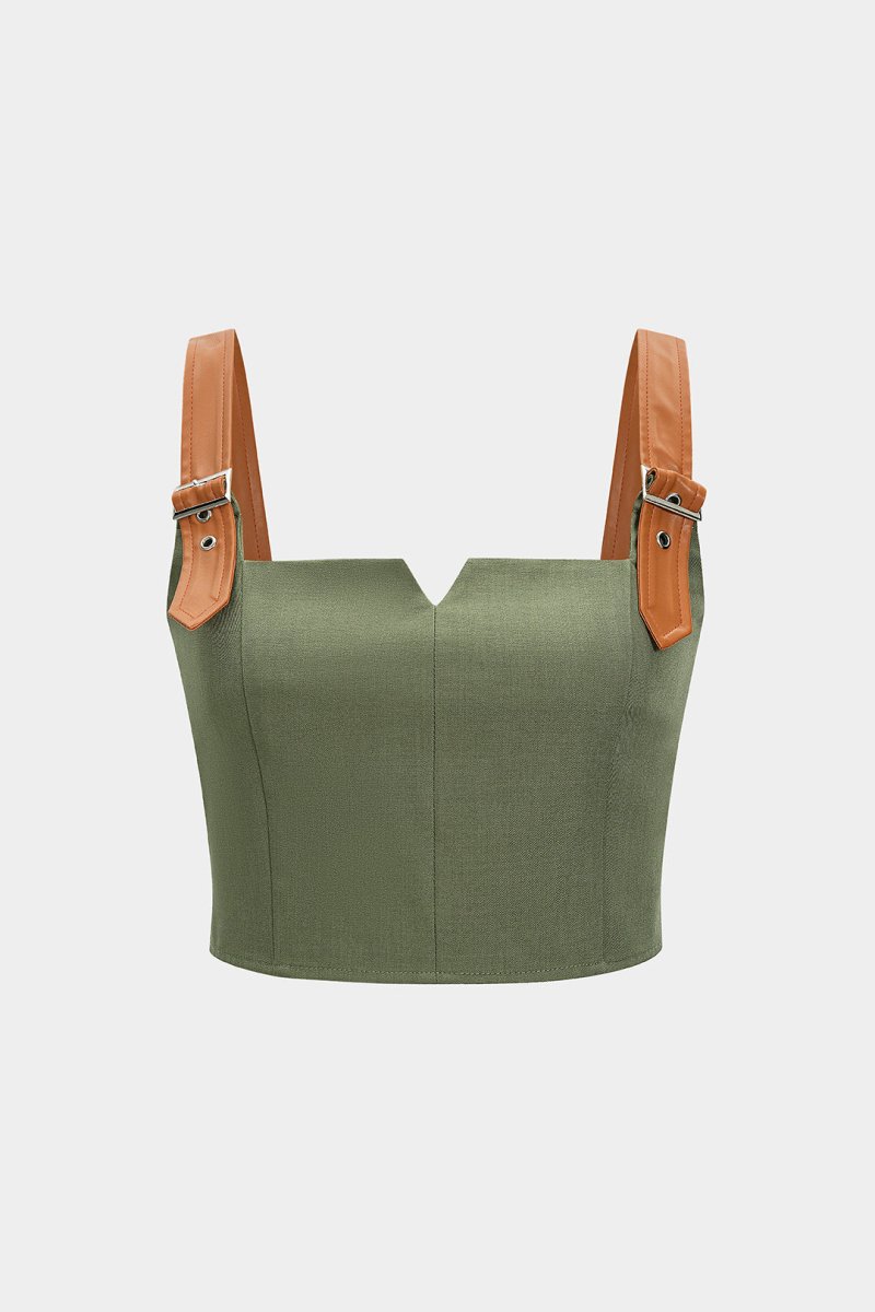 Patchwork Zipper Cami Top - MISMIMCWTT2506030011-GREEN-XS