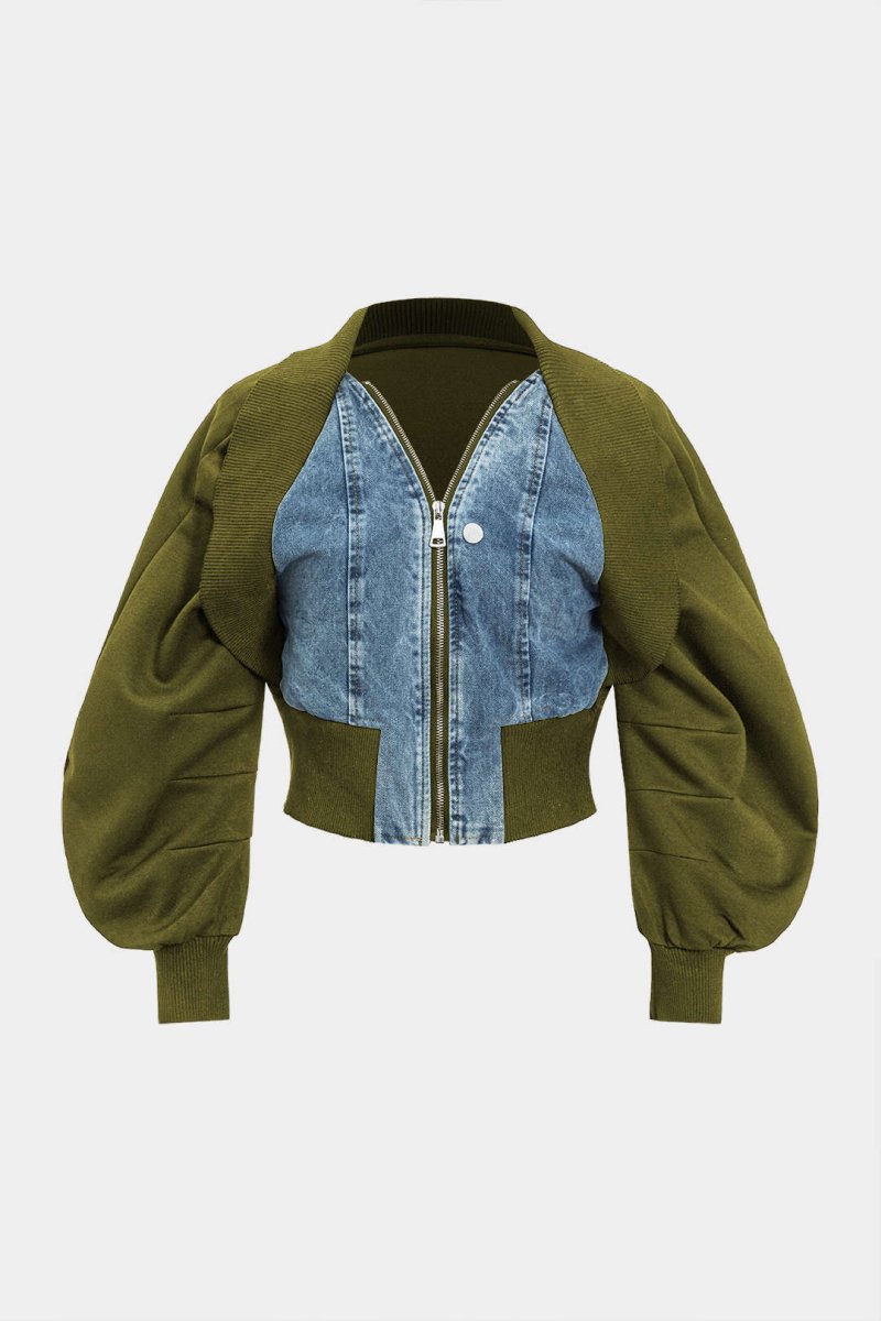 Patchwork Zipper Denim Outerwear Jacket - MISMIMCWNE2409120118-OLIVE-S