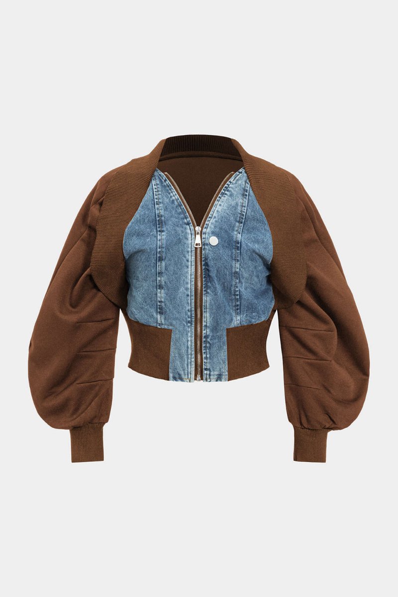 Patchwork Zipper Denim Outerwear Jacket - MISMIMCWNE2409120118-BROWN-S