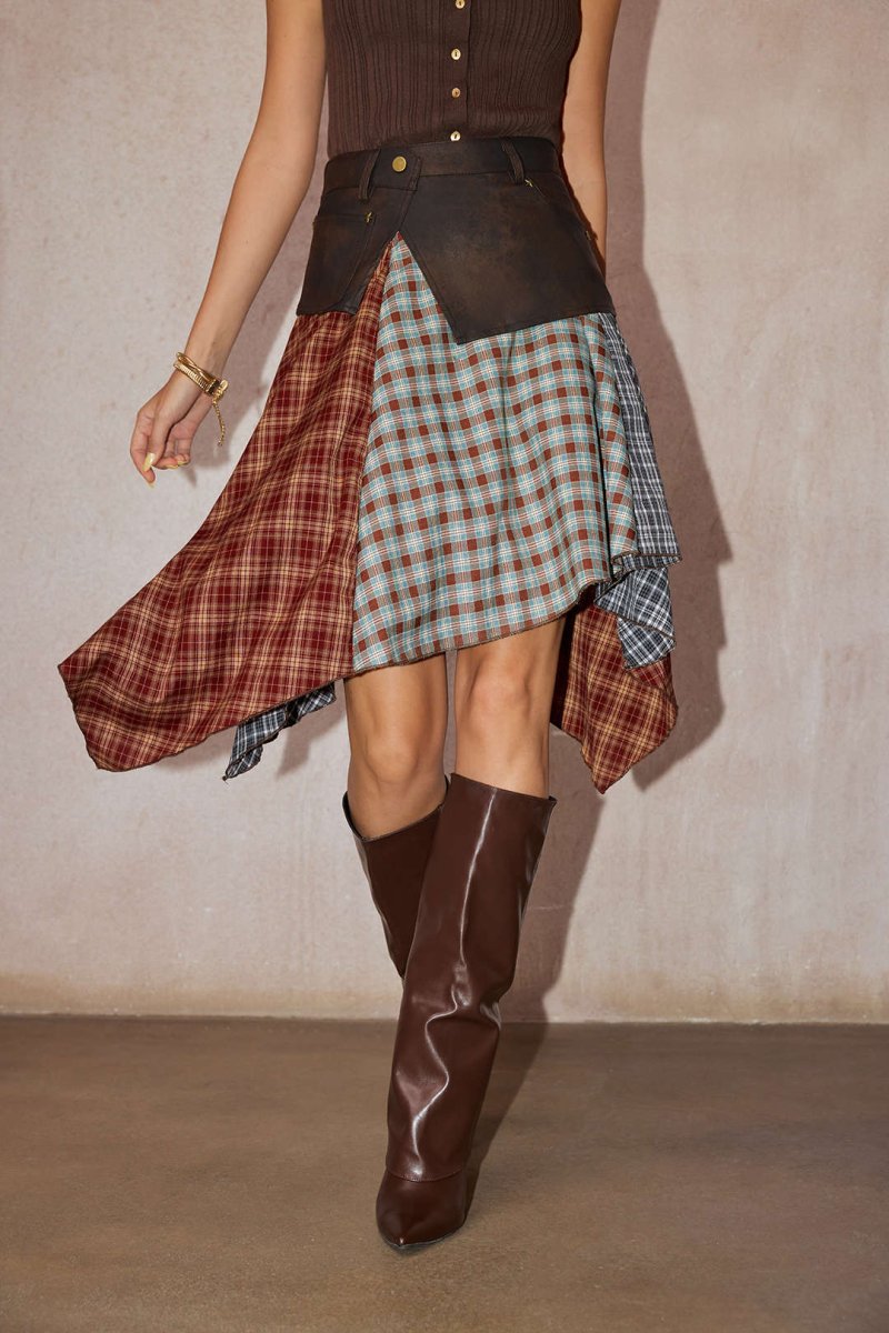 Plaid Contrast Print Faux Leather Patchwork Irregular Hem Skirt - MISMIMCWBK2508180055-COFFEE-XS