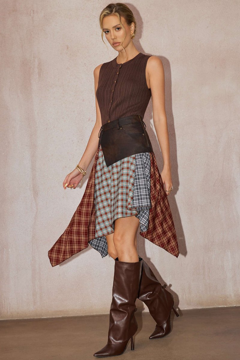 Plaid Contrast Print Faux Leather Patchwork Irregular Hem Skirt - MISMIMCWBK2508180055-COFFEE-XS