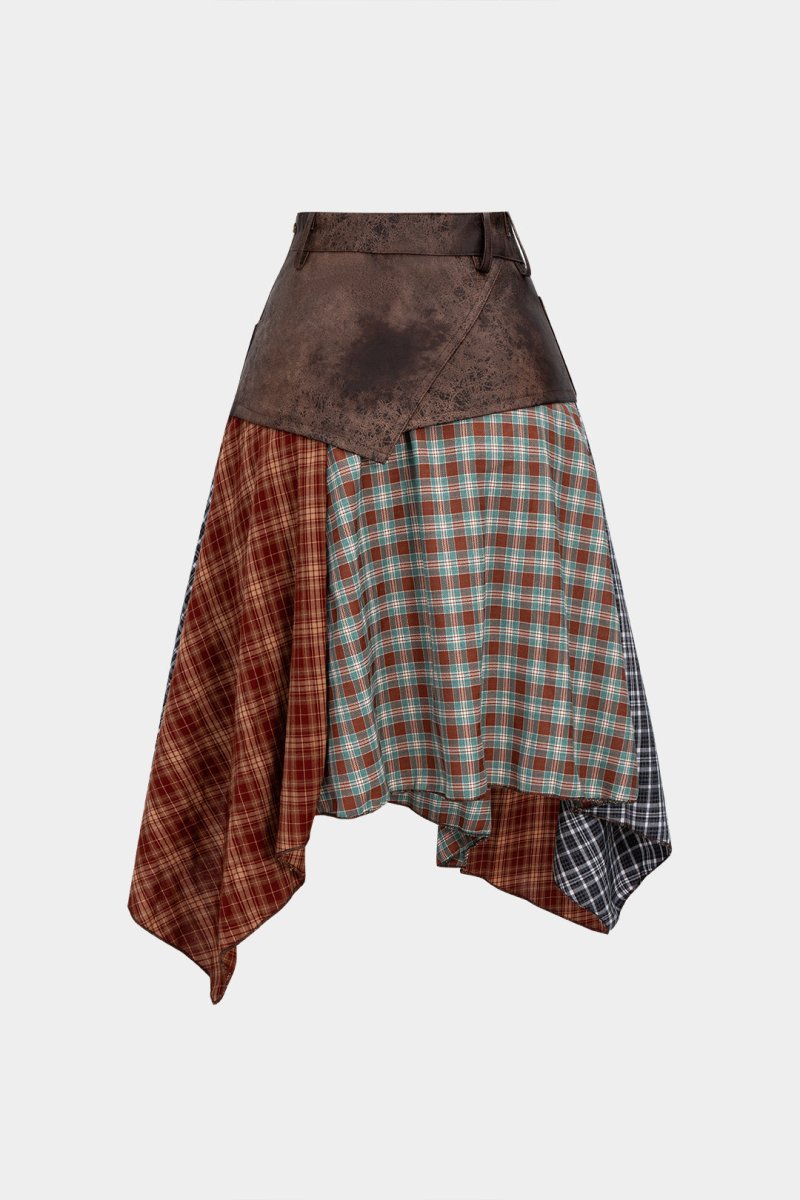 Plaid Contrast Print Faux Leather Patchwork Irregular Hem Skirt - MISMIMCWBK2508180055-COFFEE-XS