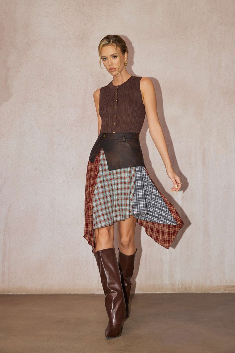 Plaid Contrast Print Faux Leather Patchwork Irregular Hem Skirt - MISMIMCWBK2508180055-COFFEE-XS