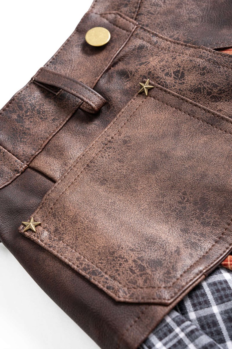 Plaid Contrast Print Faux Leather Patchwork Irregular Hem Skirt - MISMIMCWBK2508180055-COFFEE-XS