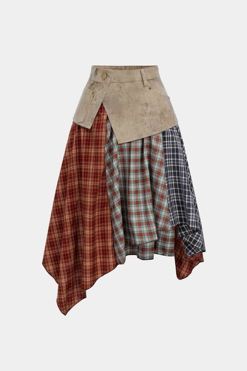 Plaid Contrast Print Faux Leather Patchwork Irregular Hem Skirt - MISMIMCWBK2508180055-KHAKI-XS
