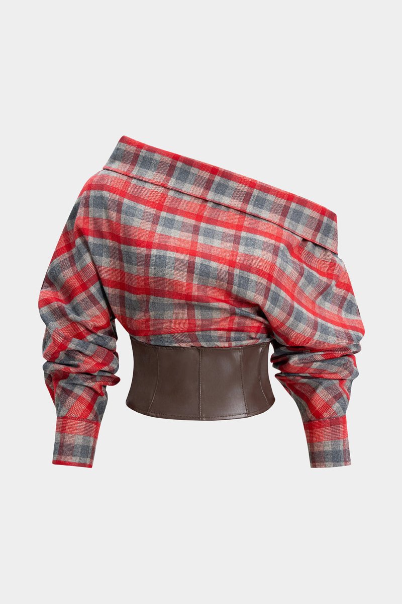 Plaid Print Faux Leather Asymmetrical Neck Long - Sleeve Shirt - MISMIMCWTE2509280014-RED-S