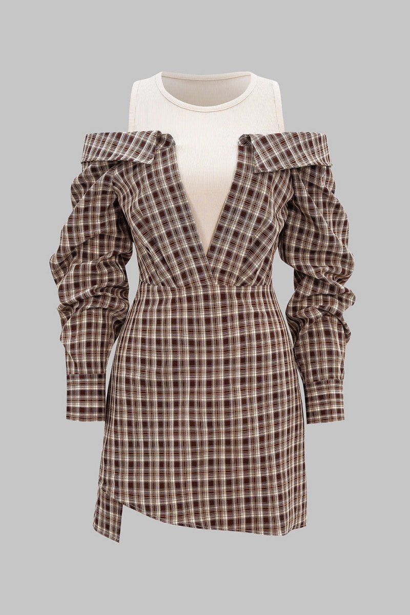 Plaid Print Patchwork Long Sleeve Mini Dress - MISMIMCWDC2509150084-Contrast Color-XS