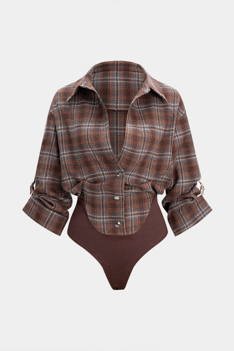 Plaid Print V - Neck Long Sleeve Bodysuit - MISMIMCWTO2510140057-BROWN-XS