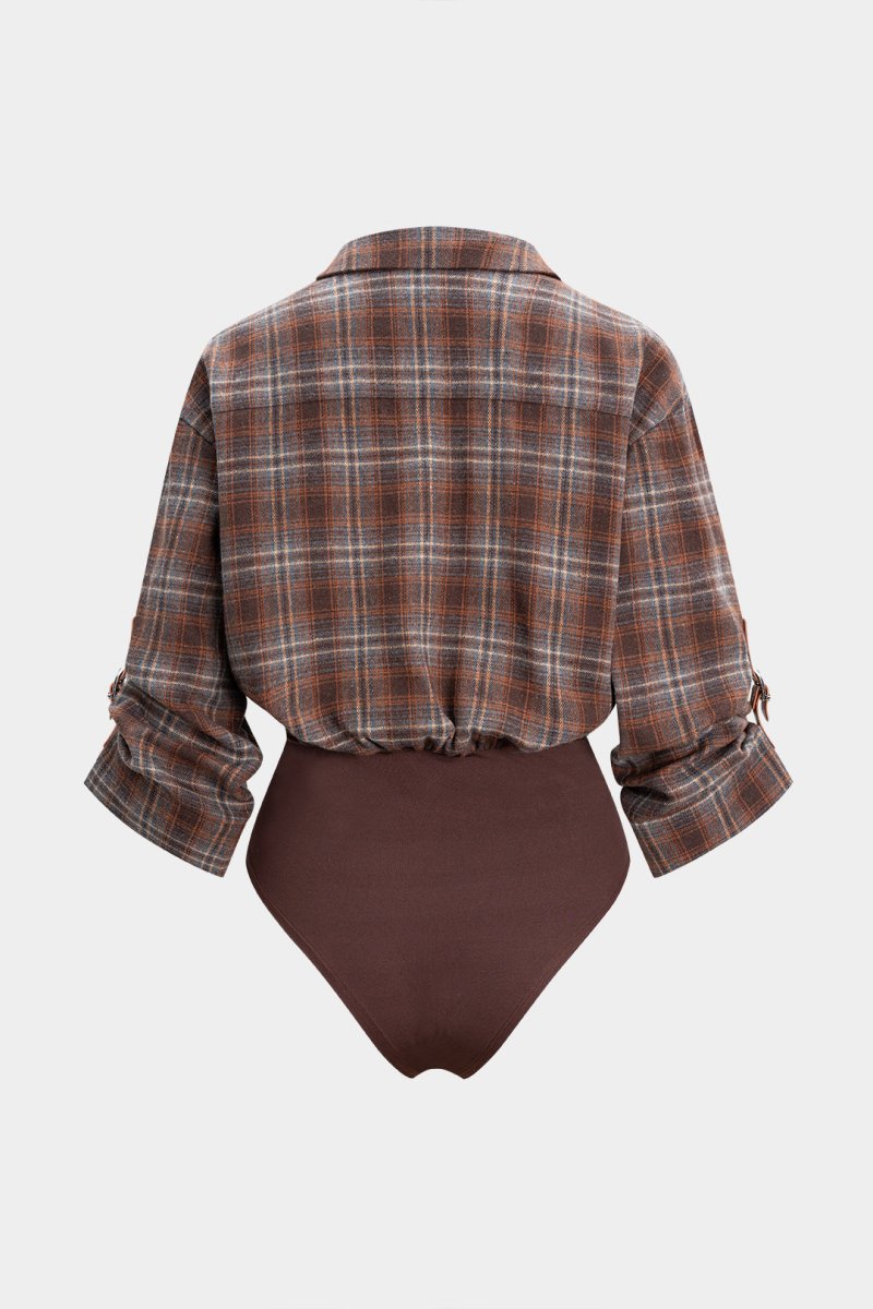 Plaid Print V - Neck Long Sleeve Bodysuit - MISMIMCWTO2510140057-BROWN-XS