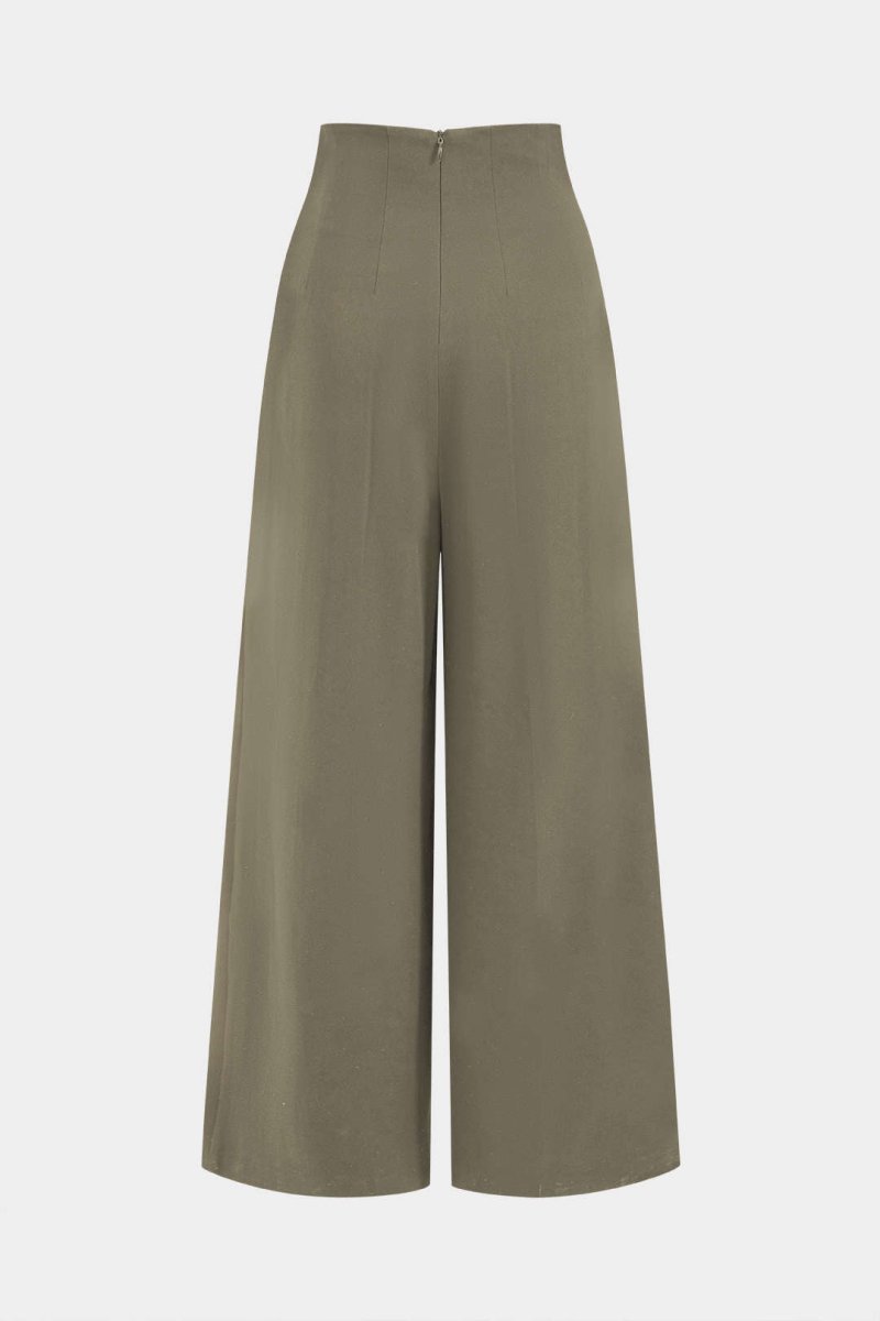 Pleated Asymmetrical Wide Leg Trousers - MISMIMCWBT2412140020-OLIVE-XS