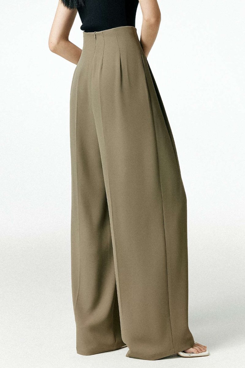 Pleated Asymmetrical Wide Leg Trousers - MISMIMCWBT2412140020-OLIVE-XS