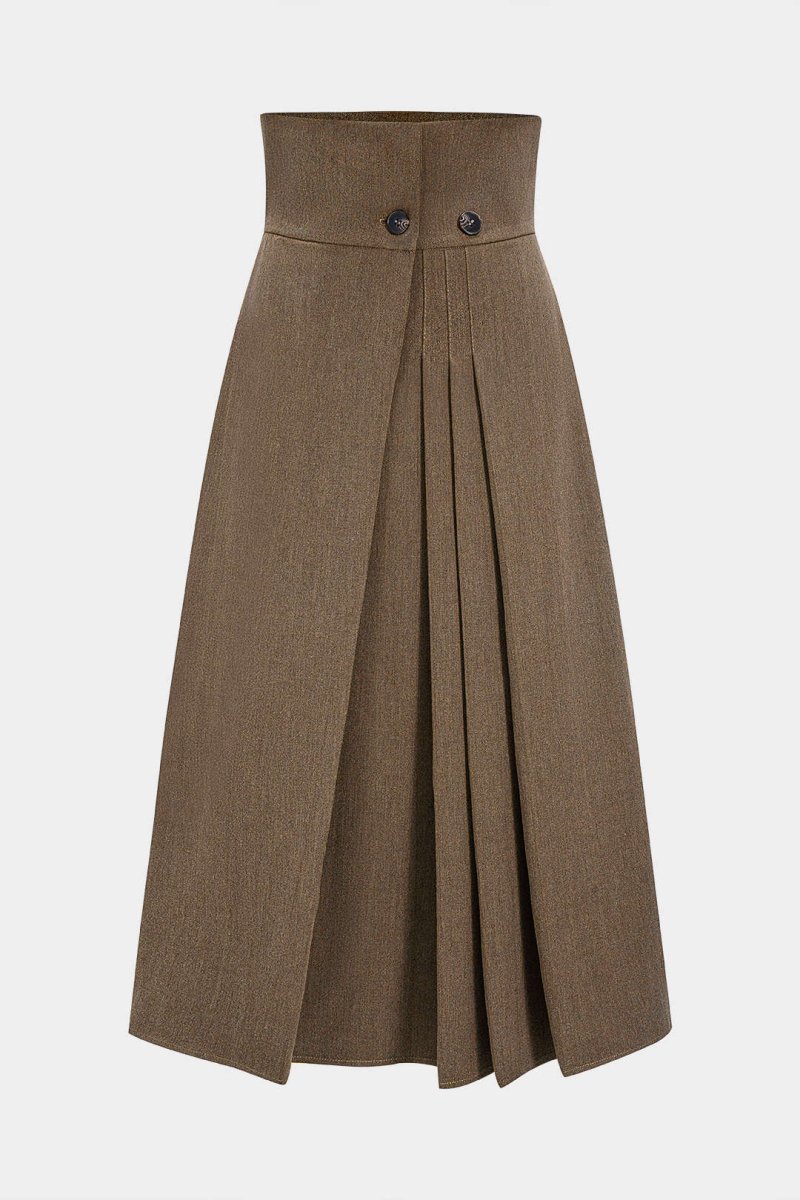 Pleated High Waist Asymmetrical Skirt - MISMIMCWBK2507100158-LIGHT BROWN-XS