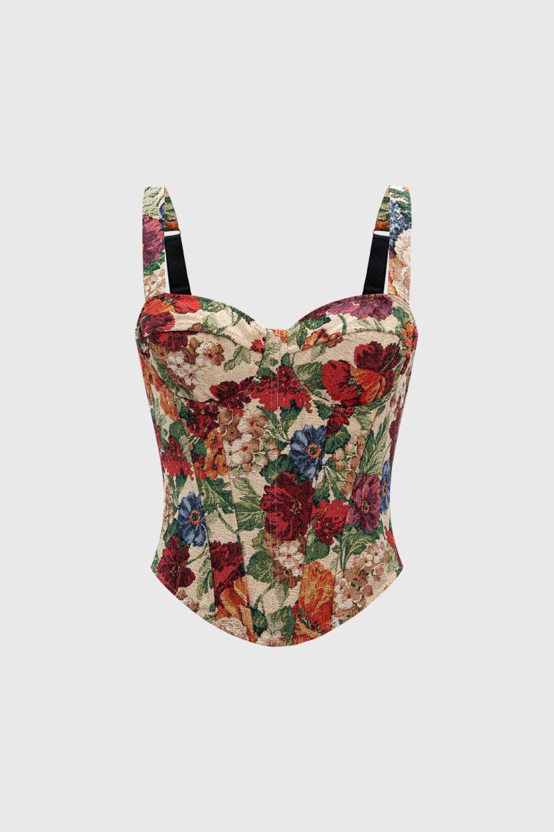 Retro Floral Print Corset Tie - Back Slip Cami Top - MISMIMCWTO2507250032-MULTICOLOR-XS