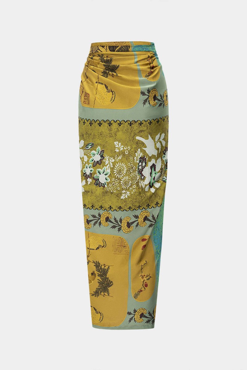 Retro Print Satin Tie Front Skirt - MISMIMCWBK2505080220-CYAN-XS