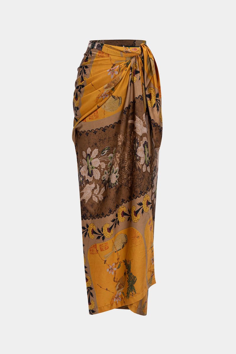 Retro Print Satin Tie Front Skirt - MISMIMCWBK2505080220-Contrast Color-XS