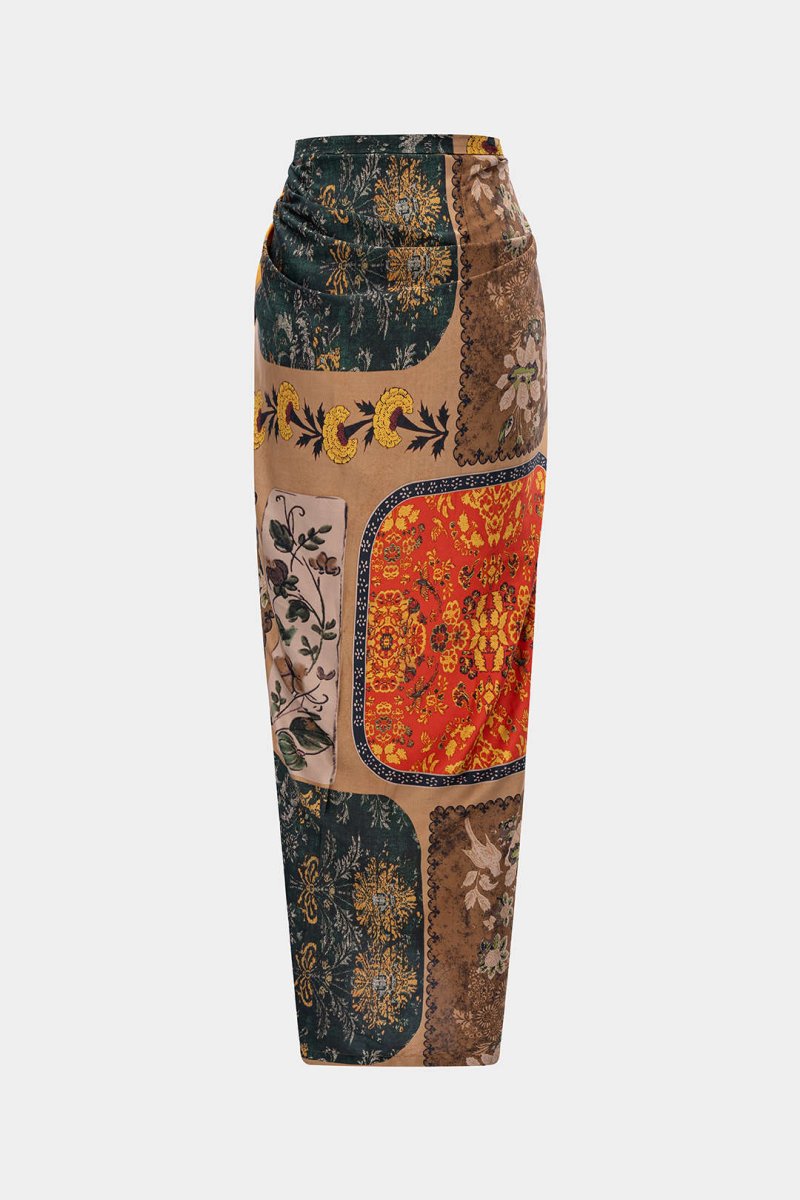 Retro Print Satin Tie Front Skirt - MISMIMCWBK2505080220-Contrast Color-XS