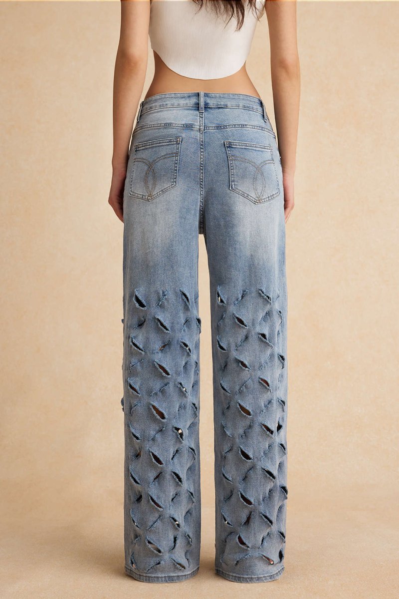Ripped Cut Out Button Pocket Wide Leg Jeans - MISMIMCWNJ2501020025-BLUE-S